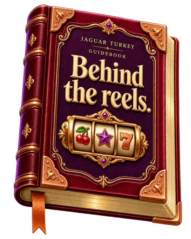 Behind the reels: a burgundy and gold JAGUAR TURKEY guidebook with sculpted slot symbols